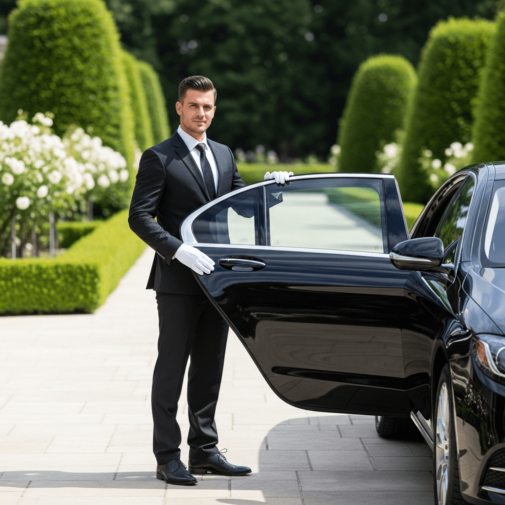 Professional chauffeur beside a luxury vehicle