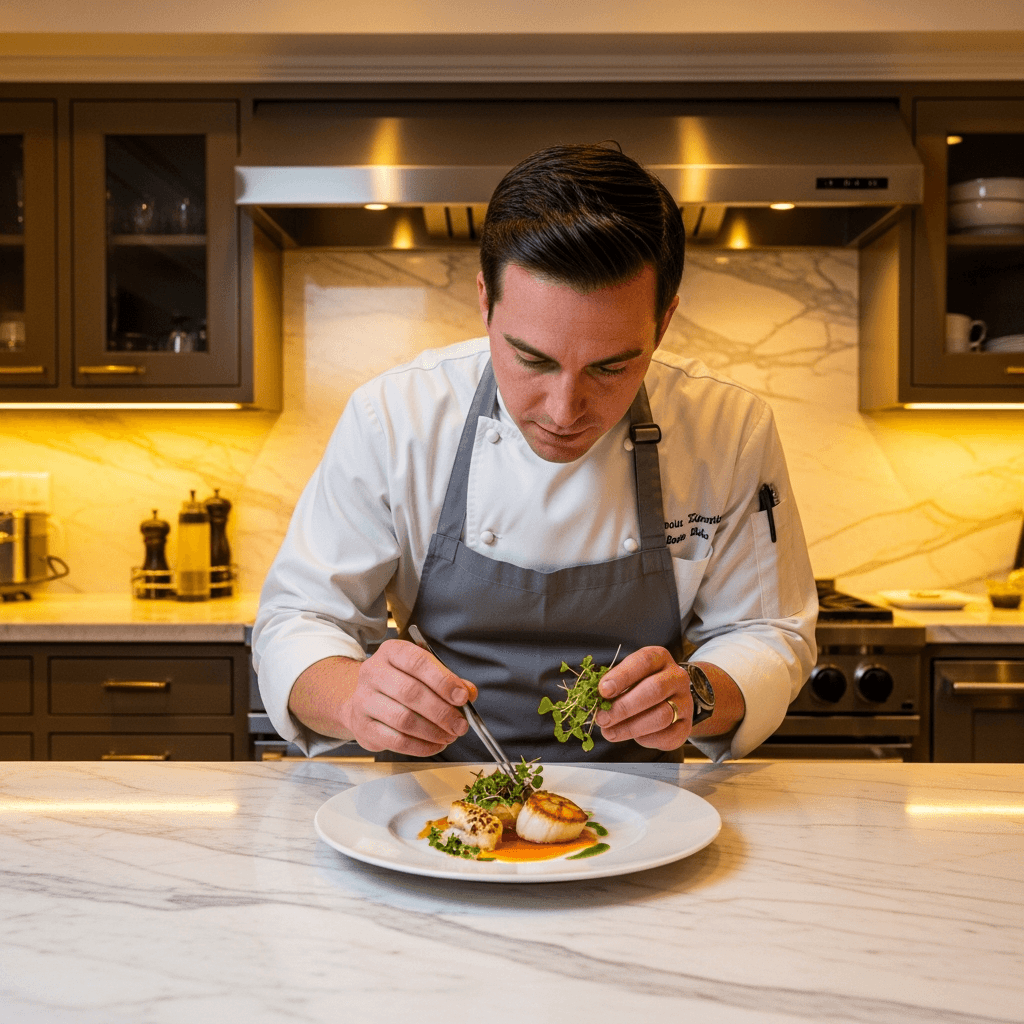 Private chef preparing gourmet food in luxury kitchen